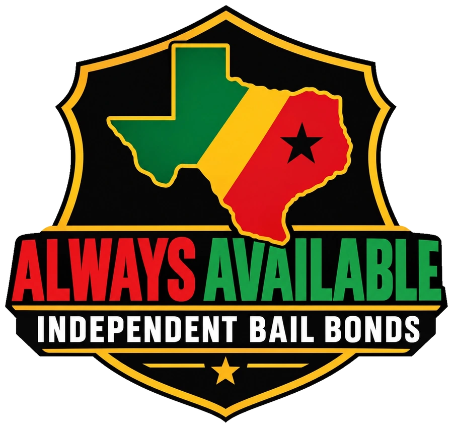 Always Available Independent Bail Bonds approved shield logo with a Texas map in green, gold and red